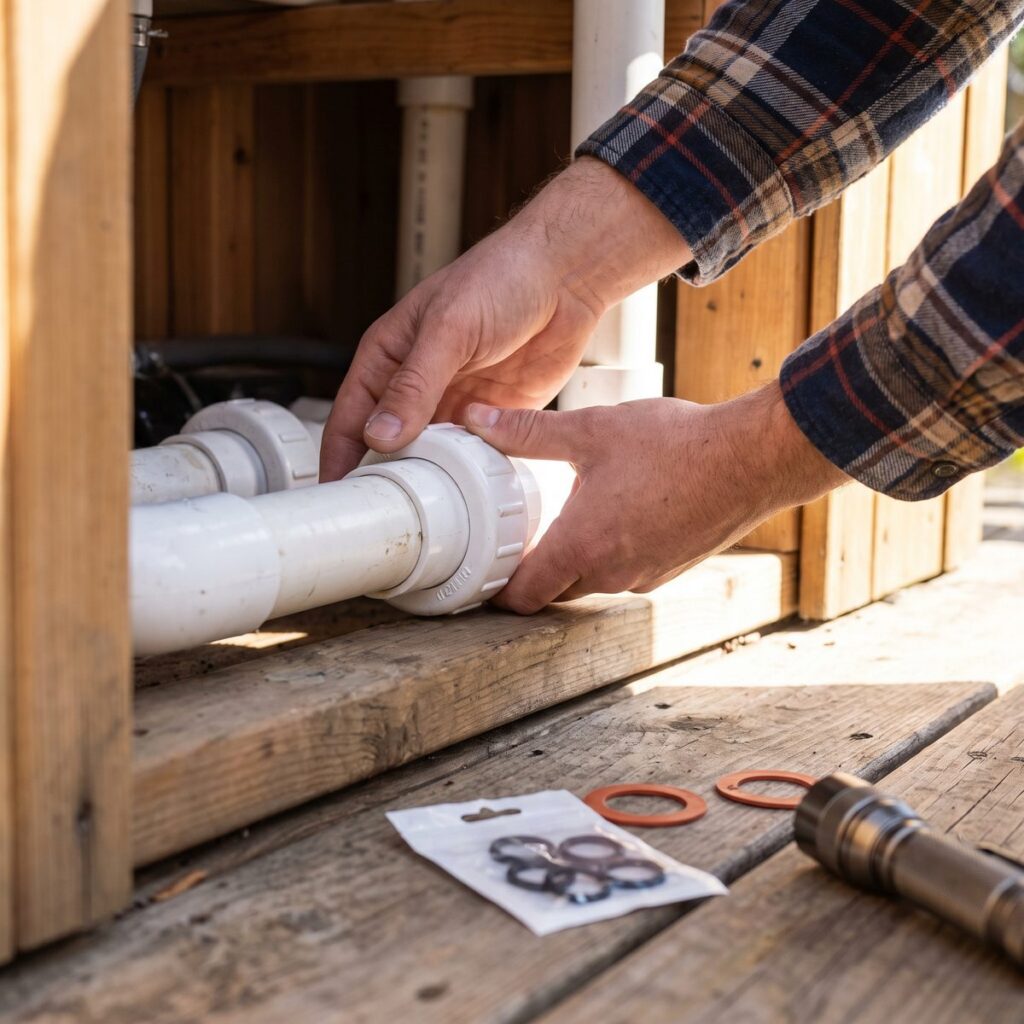 DIY hot tub repair tightening a plumbing union by hand