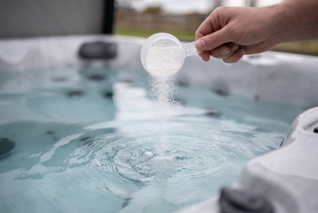 Adding pH increaser granules to a hot tub to raise low pH levels