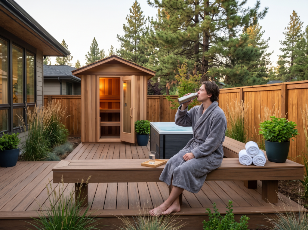 sauna recovery with hydration and towels between cold plunge sessions