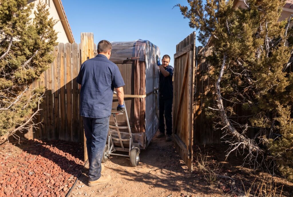 Hot tub sizes and dimensions checked during delivery through a backyard gate