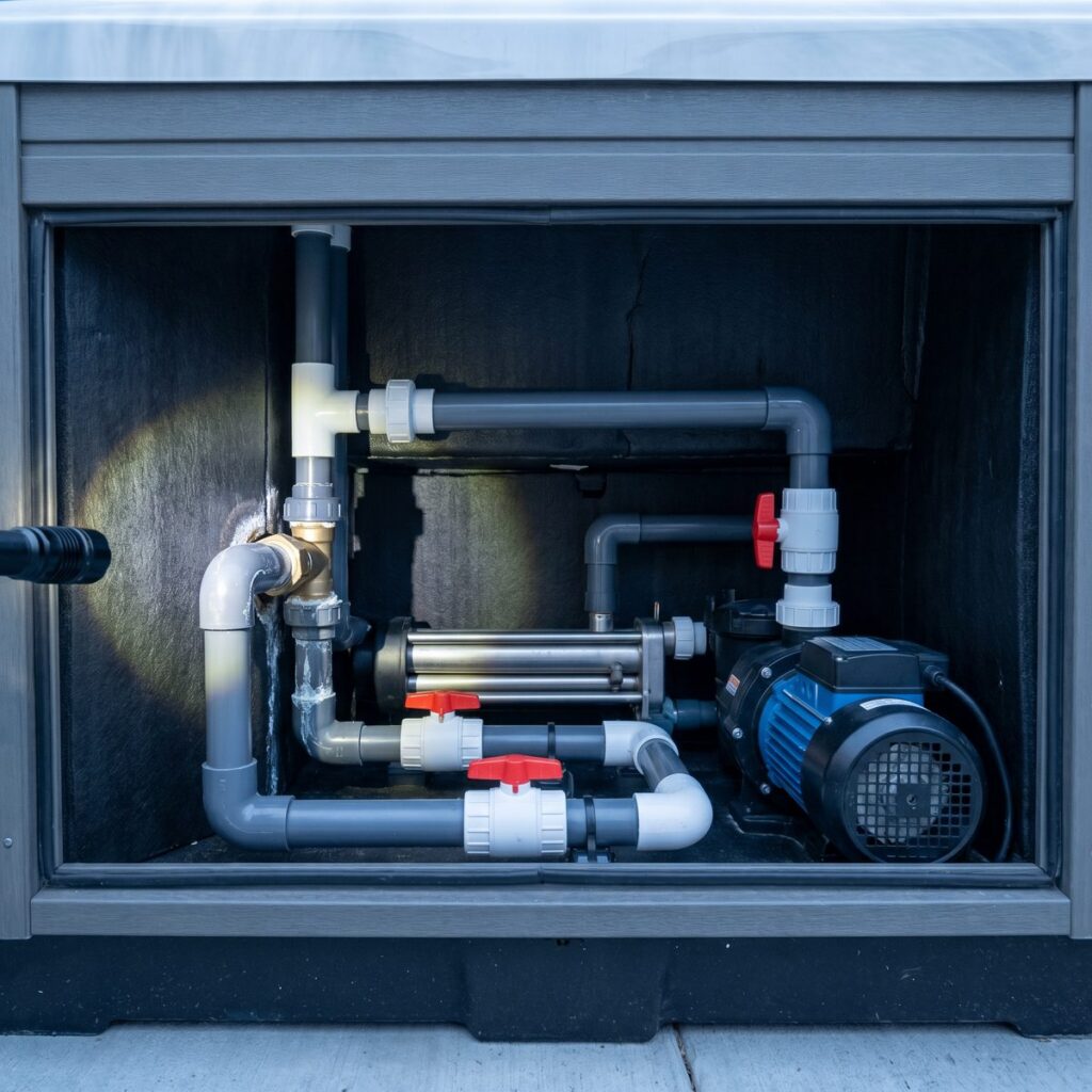 hot tub plumbing repair inside the equipment cabinet