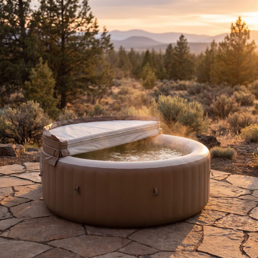 Are inflatable hot tubs worth it: inflatable hot tub on a Central Oregon backyard patio