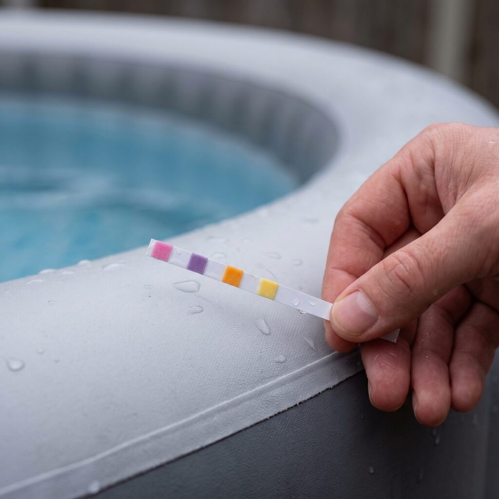 Inflatable hot tub maintenance: testing water chemistry with a spa test strip