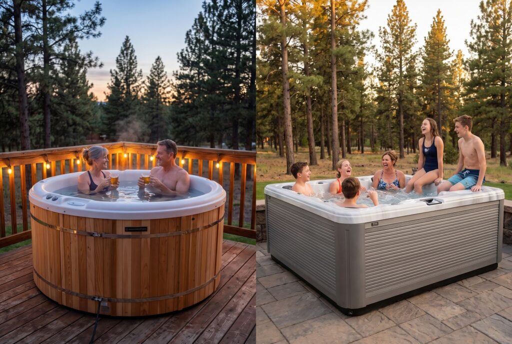 Small vs large hot tubs side by side for families and couples