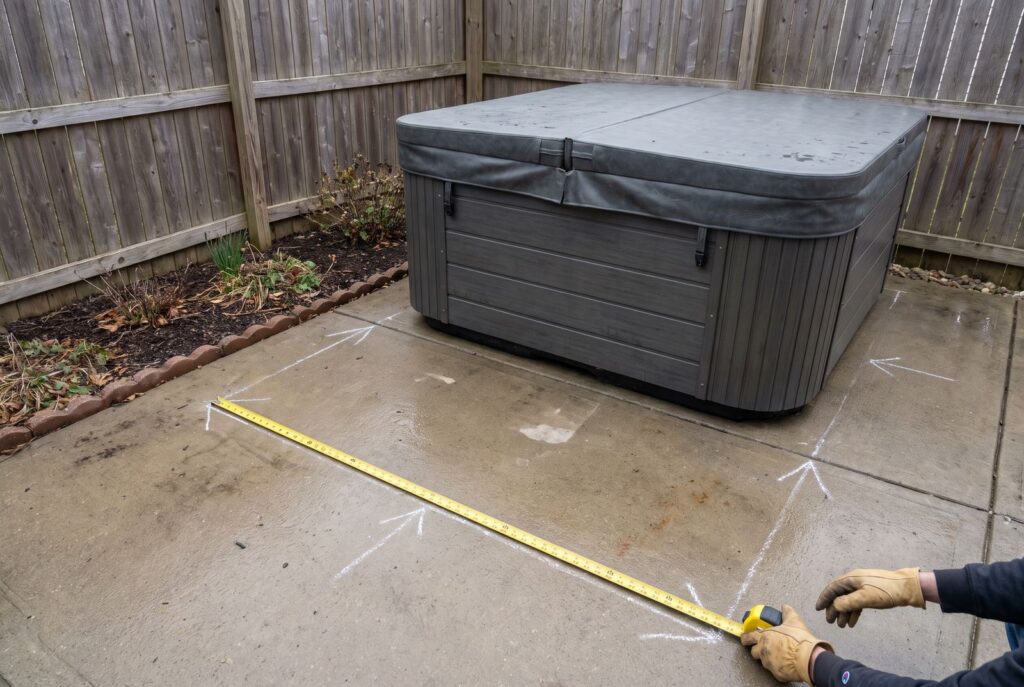 Standard hot tub dimensions measured with clearance around a patio spa