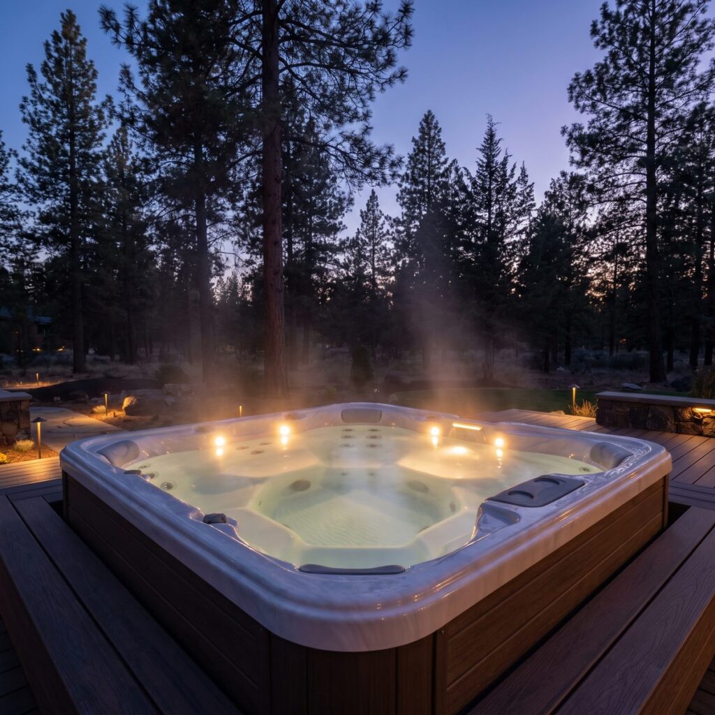 Budget hot tub options: traditional acrylic hot tub installed in a Bend, Oregon backyard
