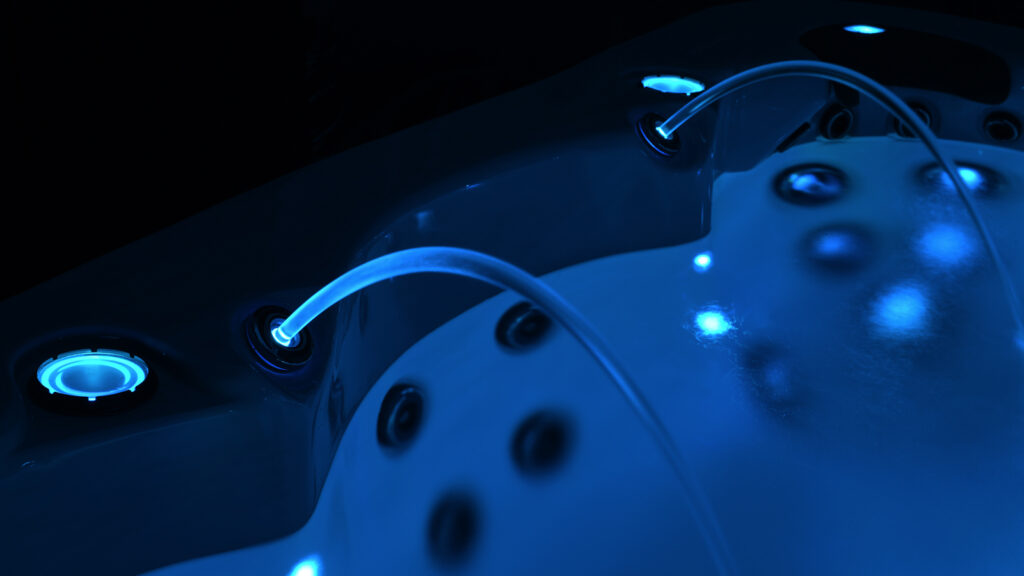 evening swim spa with LED lighting and built in speakers
